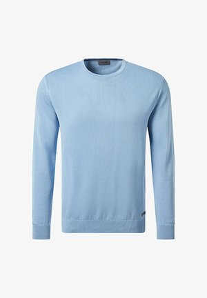 Hellblauer Langarm-Pullover aus strukturiertem Material mit Rundhalsausschnitt. Rippbündchen an den Ärmeln und am Saum; dezentes Logo des Brands an der unteren Seite.