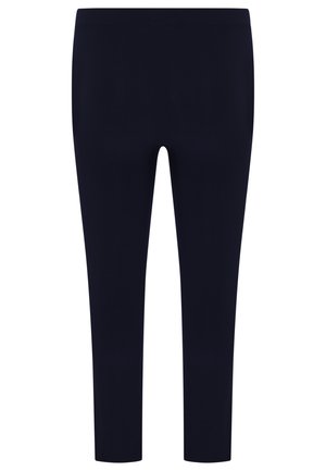 Navy leggings made of soft fabric with a smooth texture, featuring a fitted shape and a high waistband for comfort.