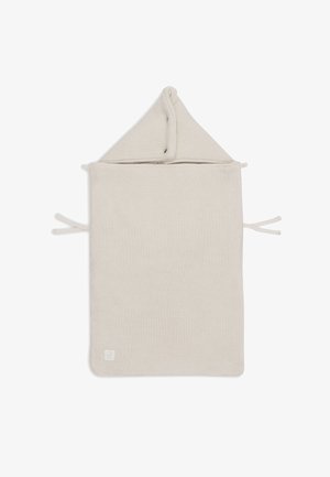 Babyhanddoek met capuchon van lichtbeige katoen, met een gestructureerd oppervlak, zijstrikjes en een klein logodetail in de onderste hoek.
