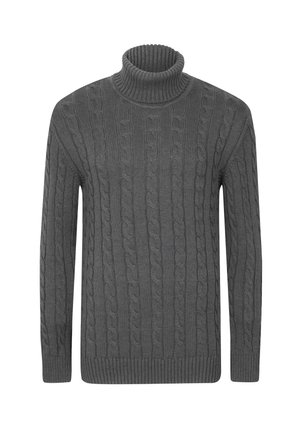 Ciemnoszary sweter z golfem, wykonany z dzianiny warkoczowej, z długimi rękawami oraz ściągaczami przy mankietach i u dołu, prezentowany na białym tle.