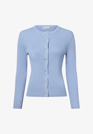 Hellblauer, gerippter Cardigan mit langen Ärmeln und rundem Halsausschnitt. Er hat eine Knopfleiste und simple Knopfakzente. Weicher Stoff.