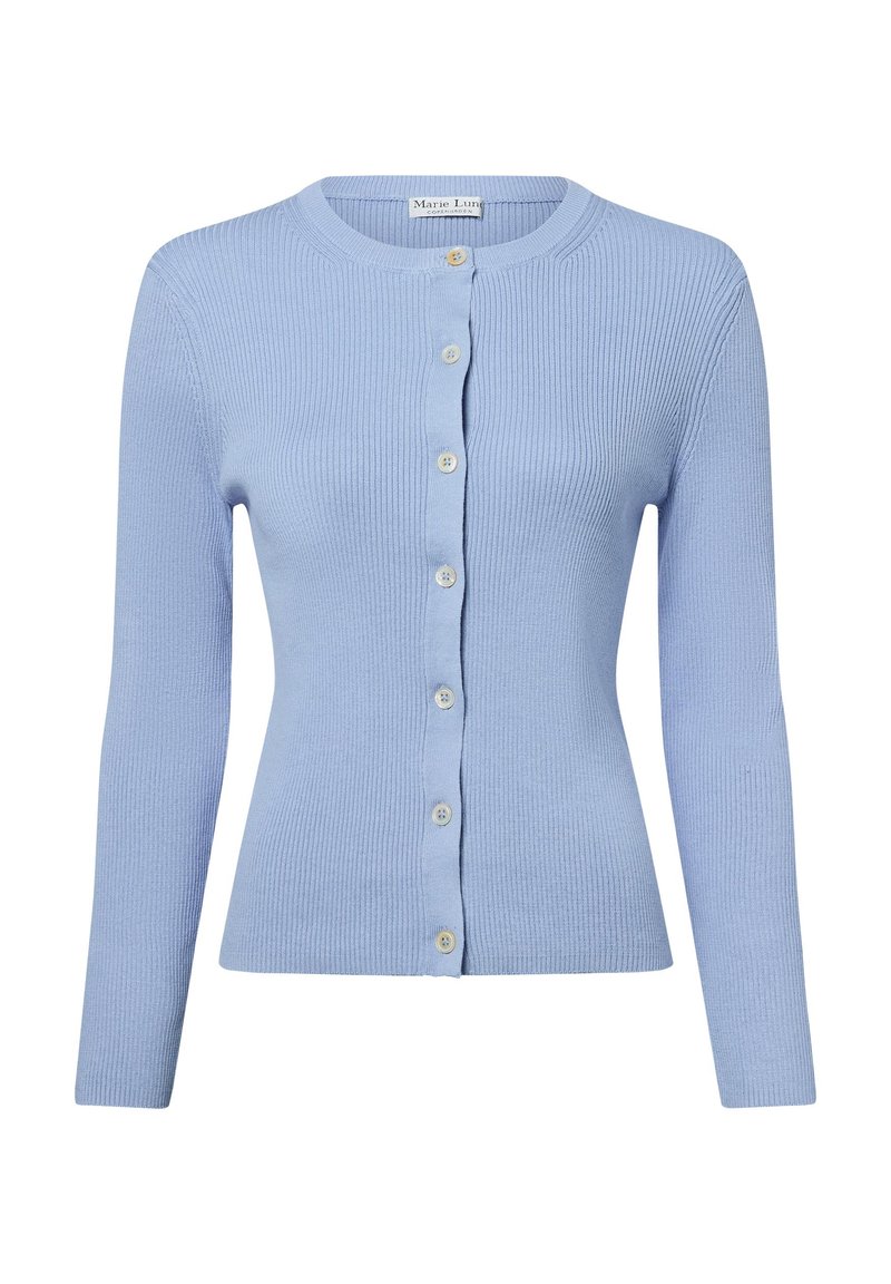 Hellblauer, gerippter Cardigan mit langen Ärmeln und rundem Halsausschnitt. Er hat eine Knopfleiste und simple Knopfakzente. Weicher Stoff.