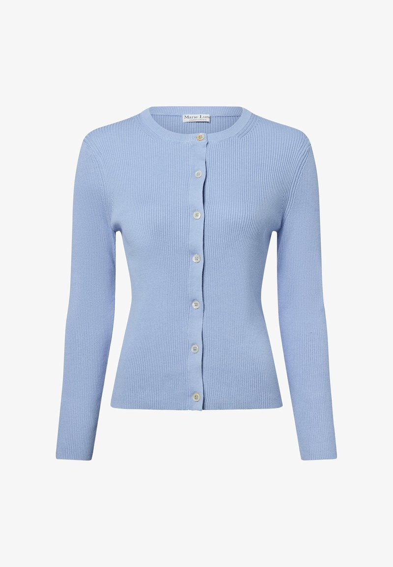 Hellblauer, gerippter Cardigan mit langen Ärmeln und rundem Halsausschnitt. Er hat eine Knopfleiste und simple Knopfakzente. Weicher Stoff.