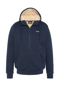 Sweat à capuche zippé bleu marine avec poches avant, doublure en polaire beige à l'intérieur de la capuche, cordons de serrage, et logo "Schott NYC" sur la poitrine.