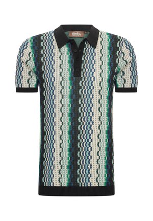 Short-sleeve polo shirt with a textured knit design in blue, green, and cream patterns, featuring a black collar and five-button placket.