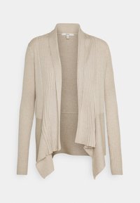 Cárdigan beige de canalé con un diseño de frente abierto, fluido y un dobladillo asimétrico. Material suave con variación de textura en las mangas.