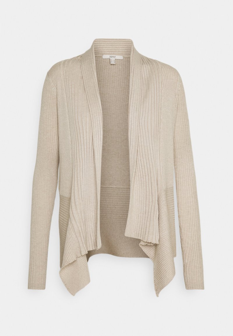 Cárdigan beige de canalé con un diseño de frente abierto, fluido y un dobladillo asimétrico. Material suave con variación de textura en las mangas.