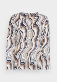 Blusa a maniche lunghe con un motivo ondulato in tonalità di marrone, bianco e blu, con scollo a V e una trama di tessuto morbida.