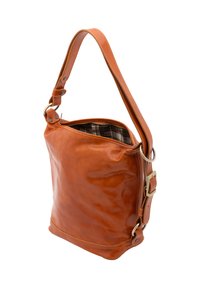 Borsa a spalla in pelle beige con finitura liscia, fondo piatto e tracolla regolabile. Presenta un rivestimento in tessuto a quadri e un'apertura con zip.