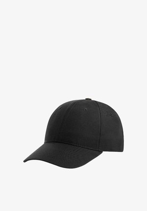 Black baseball cap with curved brim and stitched panels, shown isolated on a white background.