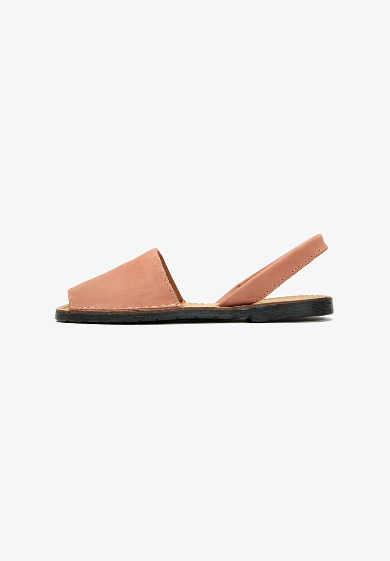 Tan leather slingback sandal with open toe, flat black rubber sole, and minimal stitching details. Simple, functional design.