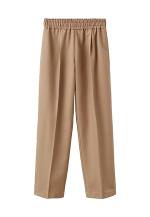 Pantaloni larghi a vita alta, di colore beige, realizzati in un tessuto liscio. Presentano una vita elasticizzata e pieghe frontali per un tocco di dettaglio in più.