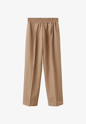 High-waisted, tan wide-leg trousers made of smooth fabric. Features an elastic waistband and front pleats for added detail.