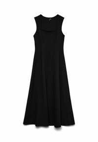 Robe noire sans manches avec un décolleté carré, jupe évasée et tissu lisse. La longueur atteint le mi-mollet. Pas de motifs ou d'accents visibles.