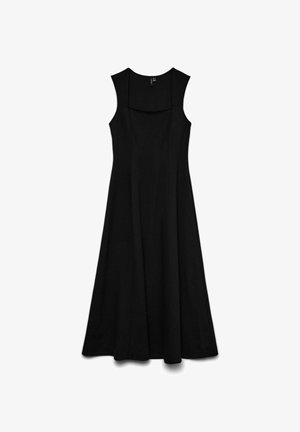 Must mustrimeel mustrimeel ruudus, flared ereline ja sile materjal. Pikkus ulatub keskmise sääre kõrgusele. Pole nähtavaid mustreid ega aktsente.