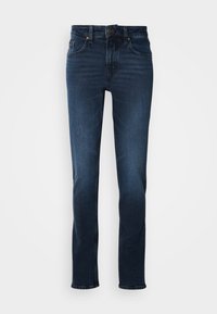 Dark blue denim jeans with a straight leg design, five-pocket style, front button closure, and subtle fading on the thighs.