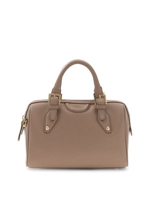 Torba na ramię z taupe skóry, z podwójnymi uchwytami, złotymi klamrami, zamkiem błyskawicznym i logo "GUESS" na środku z przodu.