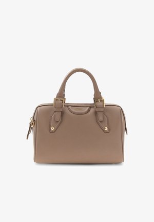Taupe leather handbag with double handles, gold-tone buckles, zipper closure, and "GUESS" logo on the front center.