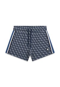 Short de bain bleu marine avec motif géométrique blanc, taille élastique, bandes latérales bleu et beige, et petit logo triangulaire sur la jambe droite.