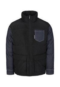 Czarna pikowana kurtka z denimowymi rękawami. Wysoki kołnierz, zapięcie na zamek z przodu oraz dwie duże naszywane kieszenie. Kieszeń z denimu na lewej piersi.