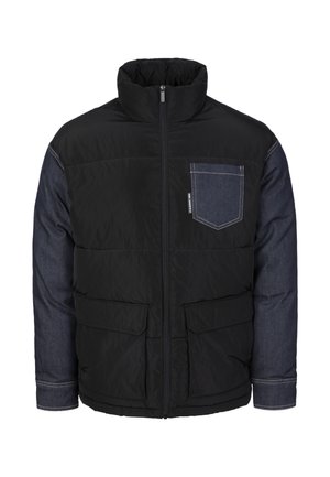 Giacca imbottita nera con maniche in denim. Colletto alto, chiusura frontale con zip e due grandi tasche applicate. Tasca in denim sul petto a sinistra.