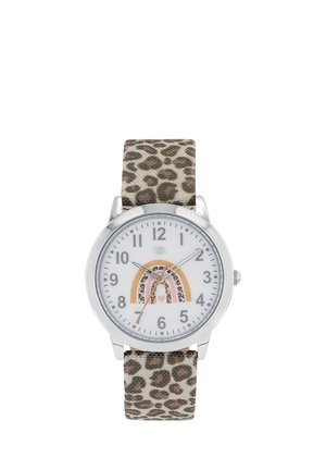 Analog-Uhr mit silbernem Rahmen, weißem Zifferblatt, mehrfarbigem Leopardenmuster mit Regenbogen-Design und Leopardenmuster-Stoffarmband, die die Zeit 10:35:37 anzeigt.