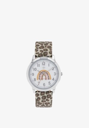 Analog-Uhr mit silbernem Rahmen, weißem Zifferblatt, mehrfarbigem Leopardenmuster mit Regenbogen-Design und Leopardenmuster-Stoffarmband, die die Zeit 10:35:37 anzeigt.