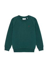 Πράσινο φούτερ με στρογγυλή λαιμόκοψη, ριμπ μανσέτες και κάτω μέρος. Διαθέτει μικρό κόκκινο λογότυπο "II" στο μπροστινό μέρος. Κατασκευασμένο από απαλό ύφασμα με λεία υφή.