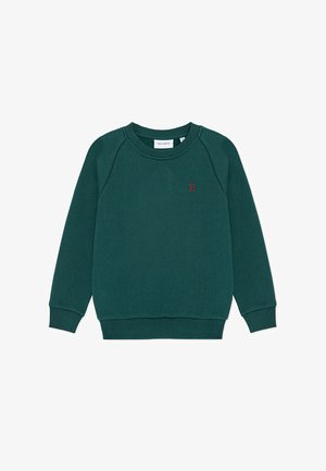 Green sweatshirt with a crew neck, ribbed cuffs, and hem. Features a small red "II" logo on the front. Made from soft fabric with a smooth texture.