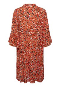 Robe florale rouge avec des manches à volants, présentant un motif de pois orange, blanc et marine. Tissu léger, coupe au genou.