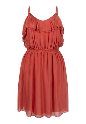 Rotes ärmelloses Kleid mit gerafftem Ausschnitt, verstellbaren dünnen Trägern, elastischer Taillenbetonung und fließendem knielangem Rock.