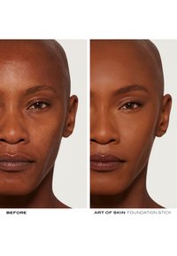 Before-and-after comparison of a face showing uneven skin texture on the left and a smooth, even tone after using a foundation stick on the right.