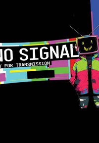 Personne avec une tête de télévision rétro affichant un sourire pixélisé, portant une veste colorée, se tenant à côté d'un écran de transmission glitchy "AUCUN SIGNAL".
