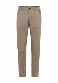 Beige lichtgewicht broek met een rechte snit, voorzien van subtiele stiksels, voorzakken en verstevigde kniepanelen voor duurzaamheid.