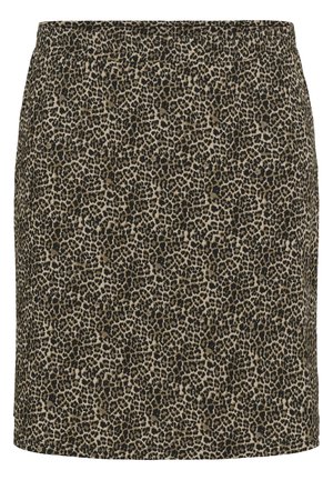 Jupe à motif léopard avec une taille élastique, arborant un mélange de beige clair et de brun foncé sur un tissu lisse.