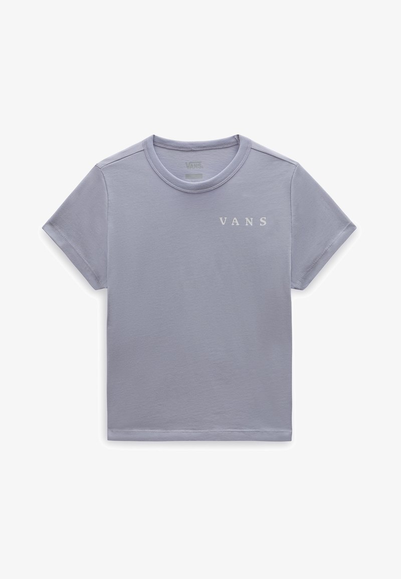T-shirt en coton violet clair à manches courtes, avec un col rond et le logo "VANS" imprimé en blanc sur le devant.