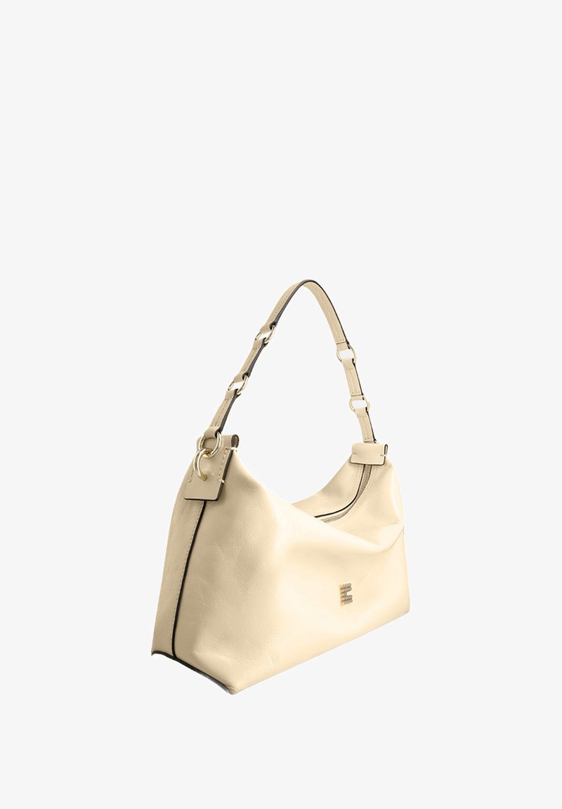 Hobo-tas van crèmekleurig imitatieleer, met een enkele verstelbare band, gouden details en een zwart contrastpaspel langs de randen.