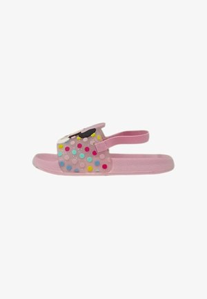 Sandalo rosa da bambino con pois multicolore e cinturino posteriore per una calzata sicura, realizzato in materiale morbido di gomma.