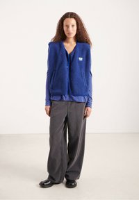 Mėlynas flisinis liemenė su tekstūriniu paviršiumi, turinti priekinę kišenę ir spaustukus, dėvima ant violetinės ilgomis rankovėmis palaidinės ir pilkų kelnių.