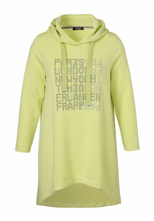 Langärmliges, hellgrünes Kapuzenkleid mit Kordelzug und einem silbernen gepunkteten quadratischen Buchstabenmuster auf der Vorderseite.