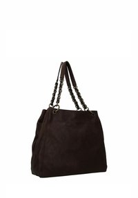 Borsa tote in pelle marrone con finitura testurizzata, dotata di due manici a catena e di un design aperto e spazioso.