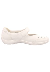 Weißes Leder-Mary-Jane-Schuhmodell mit runder Zehenpartie, Ausschnitten auf dem Vorderblatt und verstellbarem Riemen. Verfügt über eine gepolsterte Sohle und eine strukturierte Oberseite.