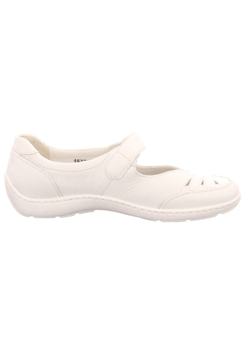 Weißes Leder-Mary-Jane-Schuhmodell mit runder Zehenpartie, Ausschnitten auf dem Vorderblatt und verstellbarem Riemen. Verfügt über eine gepolsterte Sohle und eine strukturierte Oberseite.