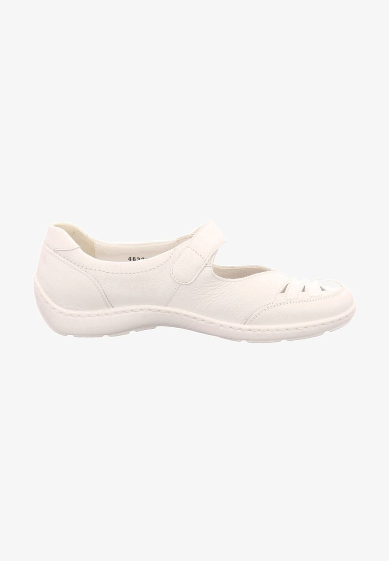 White leather Mary Jane shoe with a rounded toe, cutouts on the vamp, and adjustable strap. Features a cushioned sole and textured upper.