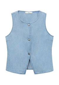 Světle modrá denimová vesta s kulatým výstřihem, pěti stříbrnými kovovými knoflíky a bez rukávů. Má rovný lem a boční švy.