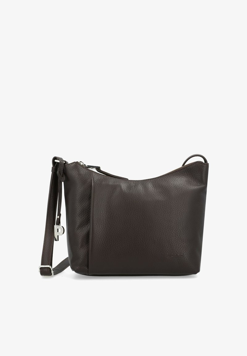 Dunkelbraune Leder-Crossbody-Tasche mit glatter Textur, einem abgerundeten Oberteil, Reißverschluss und einem verstellbaren Riemen mit silberner Hardware-Akzentuierung.