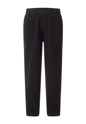 Zwarte casual broek met elastische taille, rechte pijpen en zonder zichtbare zakken of versieringen.