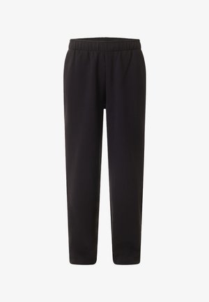 Zwarte casual broek met elastische taille, rechte pijpen en zonder zichtbare zakken of versieringen.