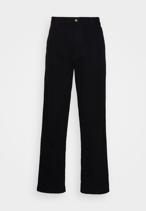 Pantalons noirs taille haute à jambes droites en denim avec une texture lisse, dotés d'une fermeture à bouton à l'avant et d'un design à cinq poches.