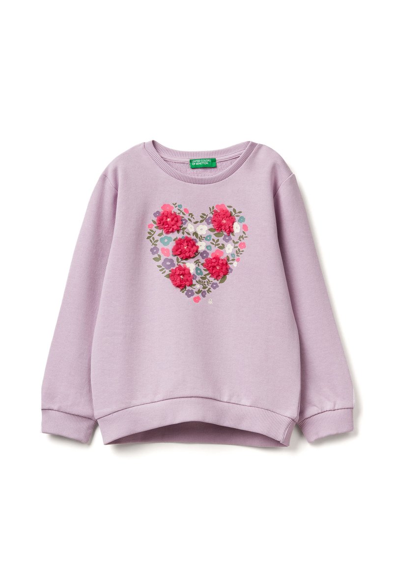 Felpa lilla con maniche lunghe, caratterizzata da un design a cuore floreale in rosa e fiori multicolore, realizzata in tessuto misto cotone.